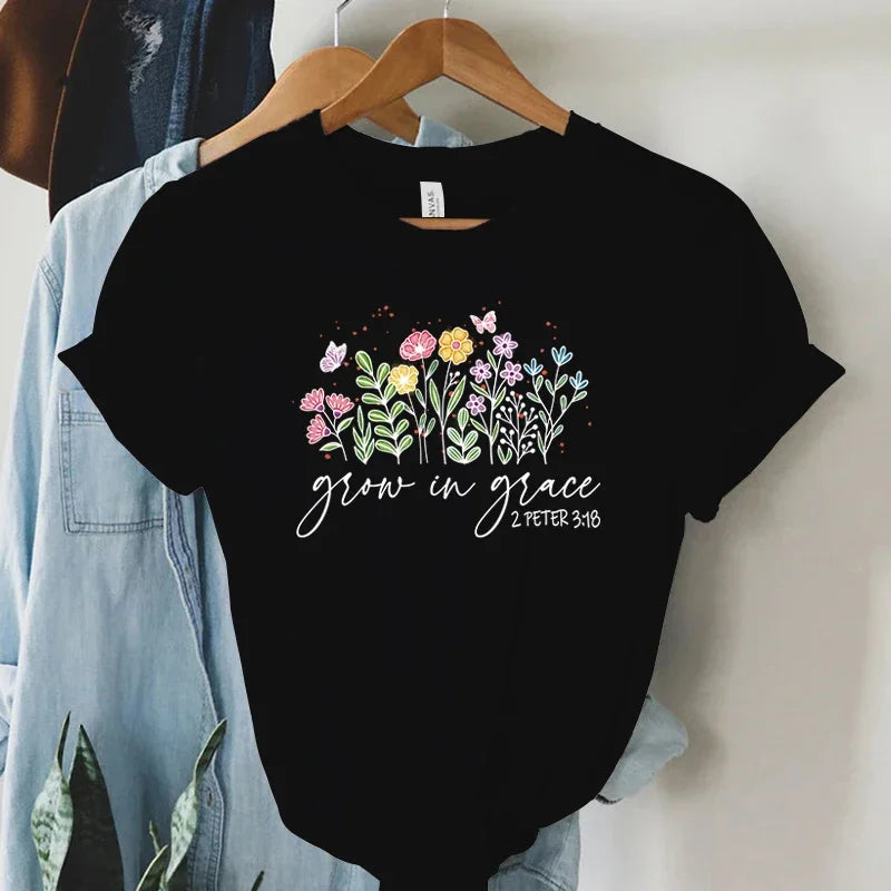 Grow in Grace 2 Peter 3:18 Graphics T Shirt Women Christian Religious Faith T-shirt Summer Vintage Boho Shirt Women Faith Tshirt