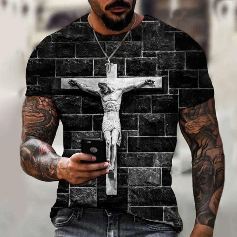 God Religion Christ Jesus Cross Print Summer Men's Round Neck T-shirt Casual Short Sleeve Oversized T Shirt Fashion Men Clothing
