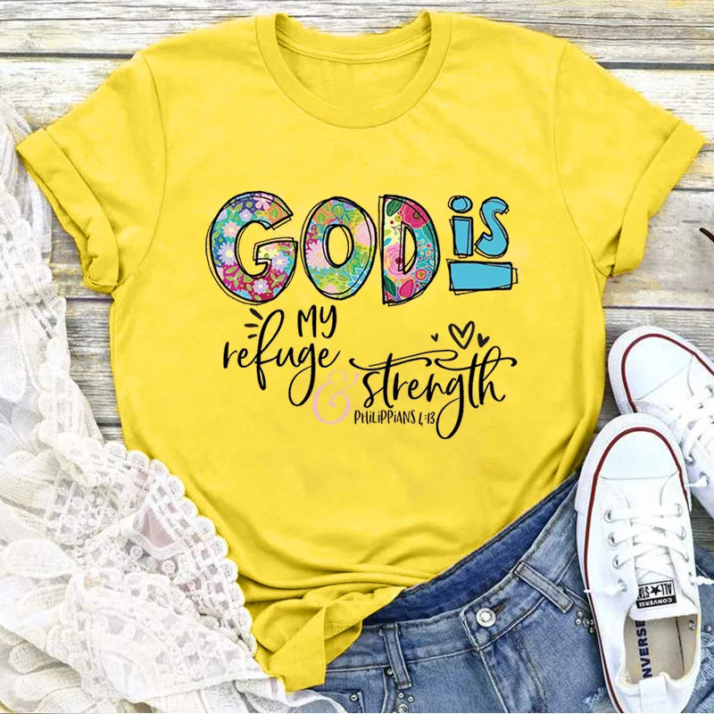 GOD IS Strength Print Women T Shirt Short Sleeve O Neck Loose Women Tshirt Ladies Tee Shirt Tops Clothes Camisetas Mujer