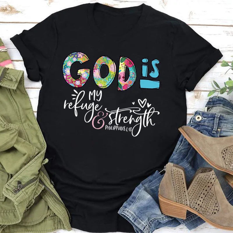 GOD IS Strength Print Women T Shirt Short Sleeve O Neck Loose Women Tshirt Ladies Tee Shirt Tops Clothes Camisetas Mujer
