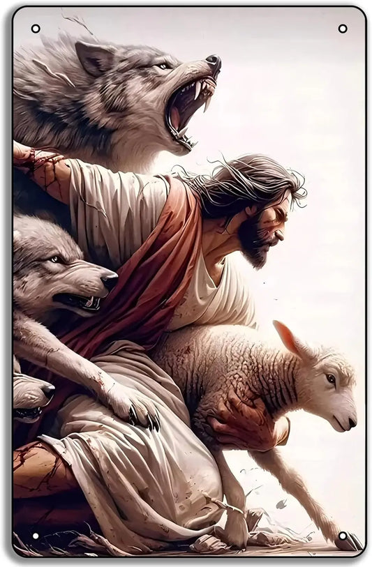 Jesus Protecting the Lamb 8x12in Metal Tin Sign – Christian Art Print, Saving the Lamb from Wolves