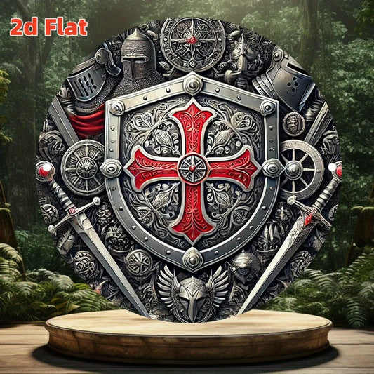 2D Flat Templar Knight Cross – Retro Medieval Style | Red Cross Emblem, Metallic Finish |Indoor/Outdoor Decor for Garage, Garden