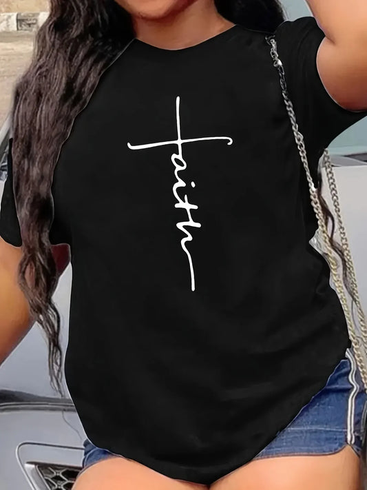 Faith & Cross Print Crew Neck Graphic T-shirt, Solid Short Sleeve Fashion Loose Tee, Women's Tops