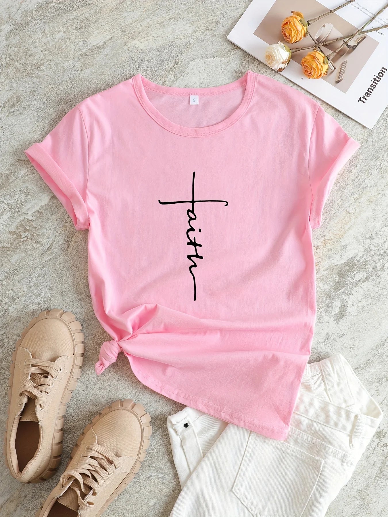 Faith Print V-Neck T-Shirt, Casual Every Day Short Sleeve T-Shirt, Women's Clothing