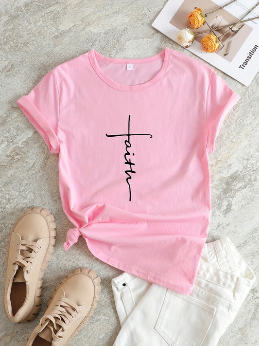 Faith Print V-Neck T-Shirt, Casual Every Day Short Sleeve T-Shirt, Women's Clothing