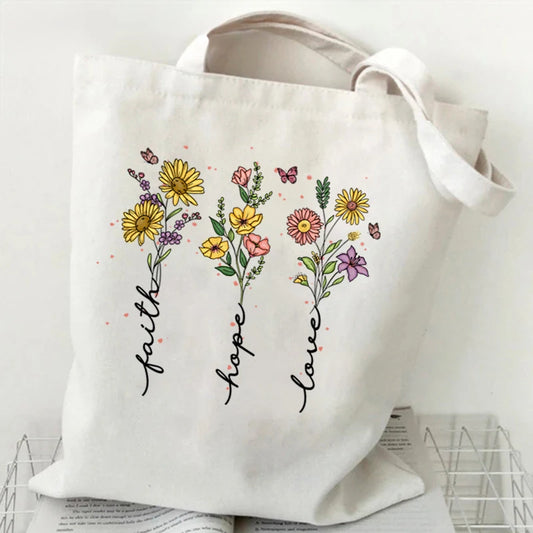 Faith Hope Love Pattern Canvas Shoulder Bag Boho Vintage Wildflower Versatile Storage Bags Christians Faith Gift Women's Handbag