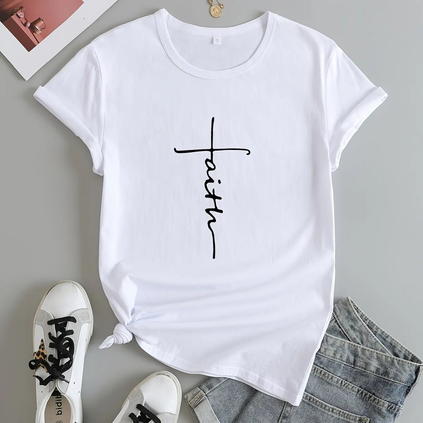 Faith Print V-Neck T-Shirt, Casual Every Day Short Sleeve T-Shirt, Women's Clothing