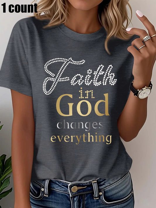 Plus Size Women's White T - Shirt with "Faith in God Changes Everything" Rhinestone Graphic Casual Loose Fit Short Sleeve Top