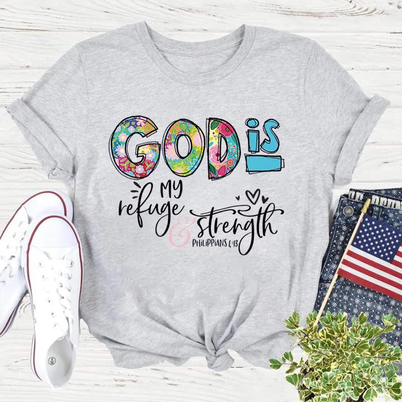 GOD IS Strength Print Women T Shirt Short Sleeve O Neck Loose Women Tshirt Ladies Tee Shirt Tops Clothes Camisetas Mujer