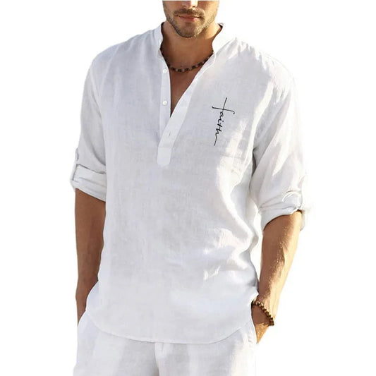 Faith Letter 3D Printed Henley Shirts Men's Fashion Streetwear Oversized Stand Collar Long Sleeve Shirt Tops Blouse Man Clothing