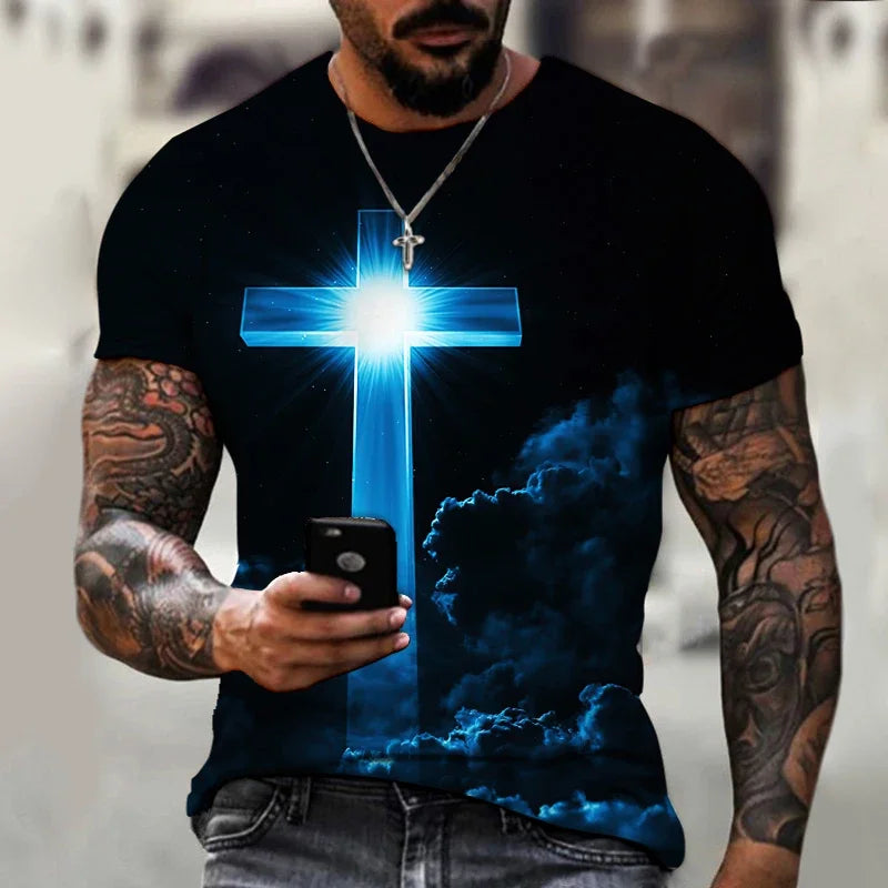 God Religion Christ Jesus Cross Print Summer Men's Round Neck T-shirt Casual Short Sleeve Oversized T Shirt Fashion Men Clothing
