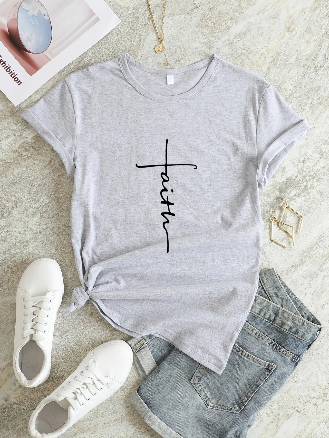 Faith Print V-Neck T-Shirt, Casual Every Day Short Sleeve T-Shirt, Women's Clothing