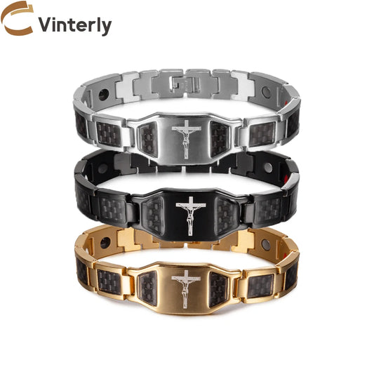 Jesus Magnetic Bracelet Homme Black Carbon Fibre Luxury Stainless Steel 21CM Health Energy Magnet Jewelry Benefits Waterproof