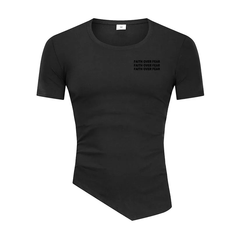 Faith Over Fear Print Short Sleeve Sport T-Shirt Cotton Breathable Slim Fit Gym Fitness Shirt Men Irregular Hem Bodybuilding Top