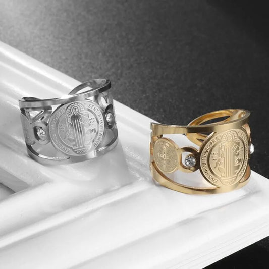 Stainless Steel Catholic Exorcist Saint Benedict Religious Adjustable Size Ring Christian Religious Prayer Jewelry for Men Women