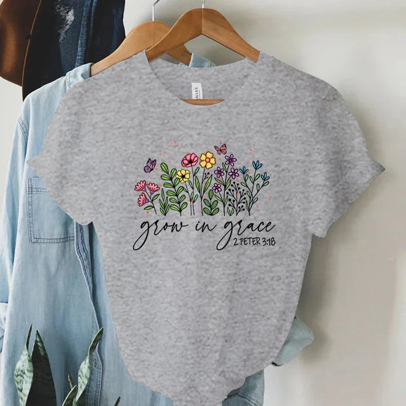 Grow in Grace 2 Peter 3:18 Graphics T Shirt Women Christian Religious Faith T-shirt Summer Vintage Boho Shirt Women Faith Tshirt